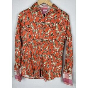 Tizzie Cotton Button Down Orange Cheetah Tunic French Cuff Blouse L